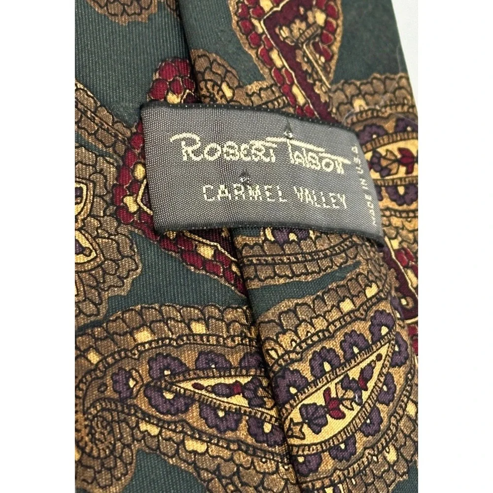 Robert Talbott Carmel Necktie Paisley Square Olive Green Burgundy‎ Silk Tie